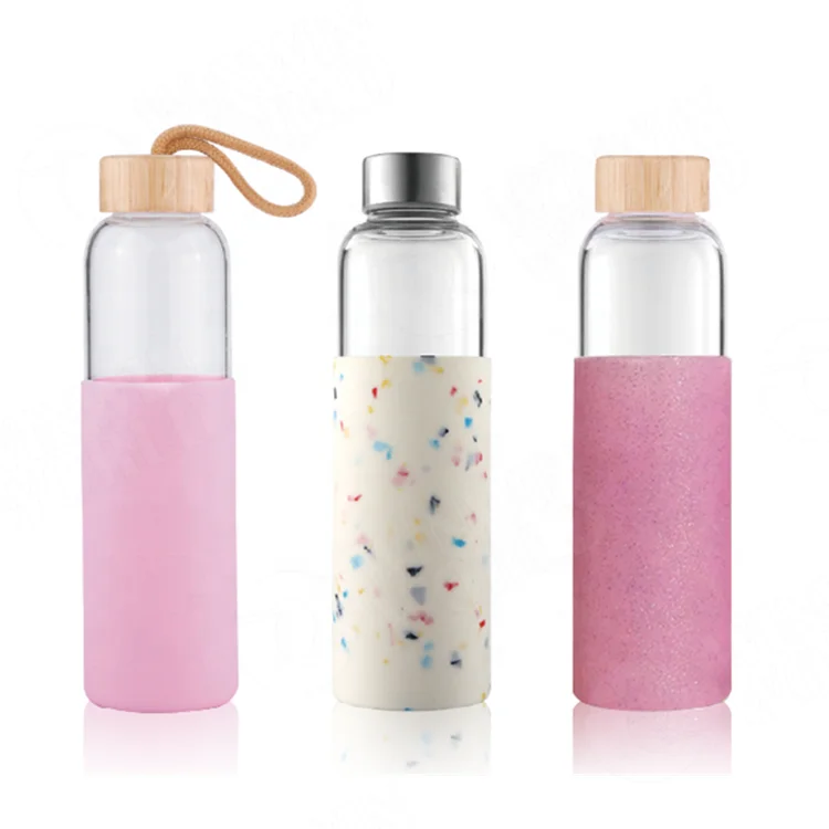 

Reusable BPA Free Wide Mouth Wholesale Glass Drinking Water Bottles With Time Marker Reminder Protective Sleeve and lids