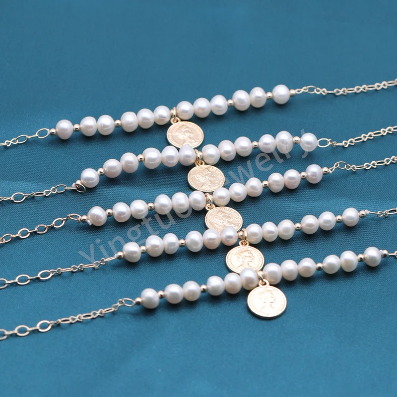 

Y&T Jewelry 14k Natural Pearl Coin Adjustable Jewelry Pearl Bracelet for Women