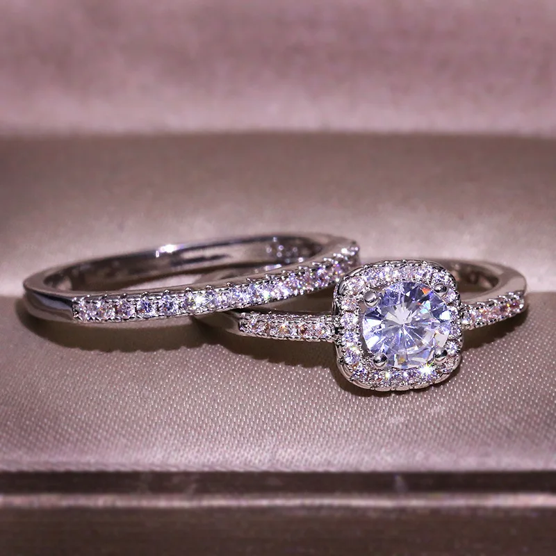 

Anillos De Compromiso Women Fashion Jewelry Zircon Rhinestones Ring Set VVS Diamond Wedding Engagement Rings