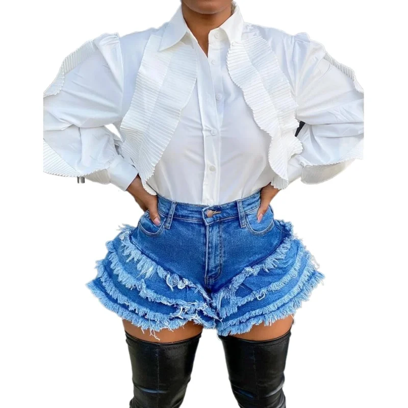 

Plus Size Denim Shorts Women 3XL Stylish Tassel Flared Pants Vintage Jeans For Women High Waist Jeans Shorts, Picture