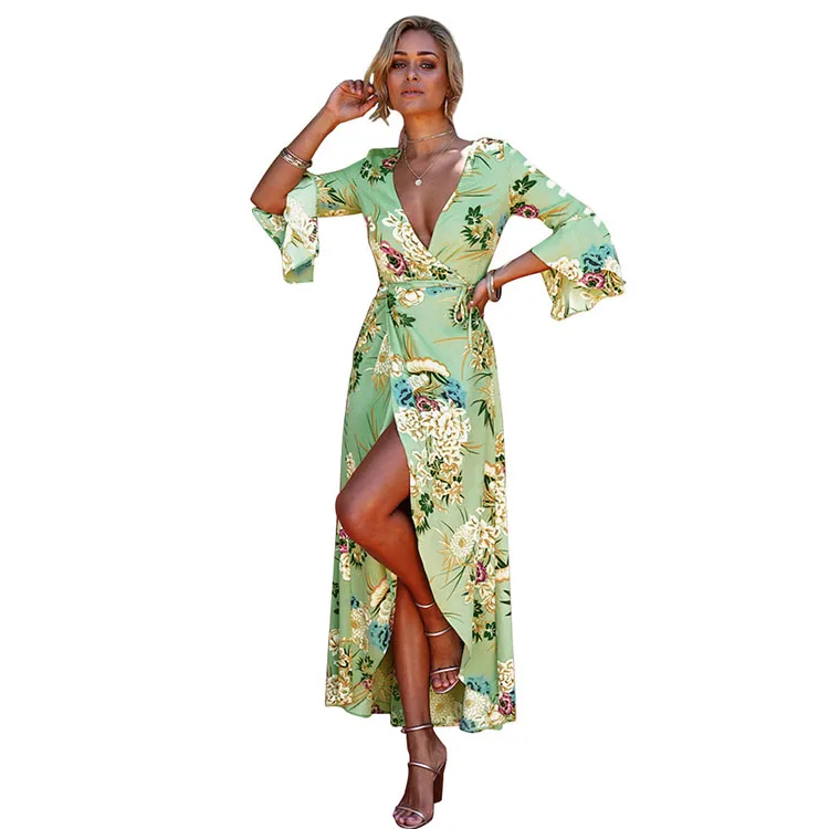 

Trendy Women's Deep V- Neck Trumpet Sleeve Dress Wrap Printed Bohemian Dress