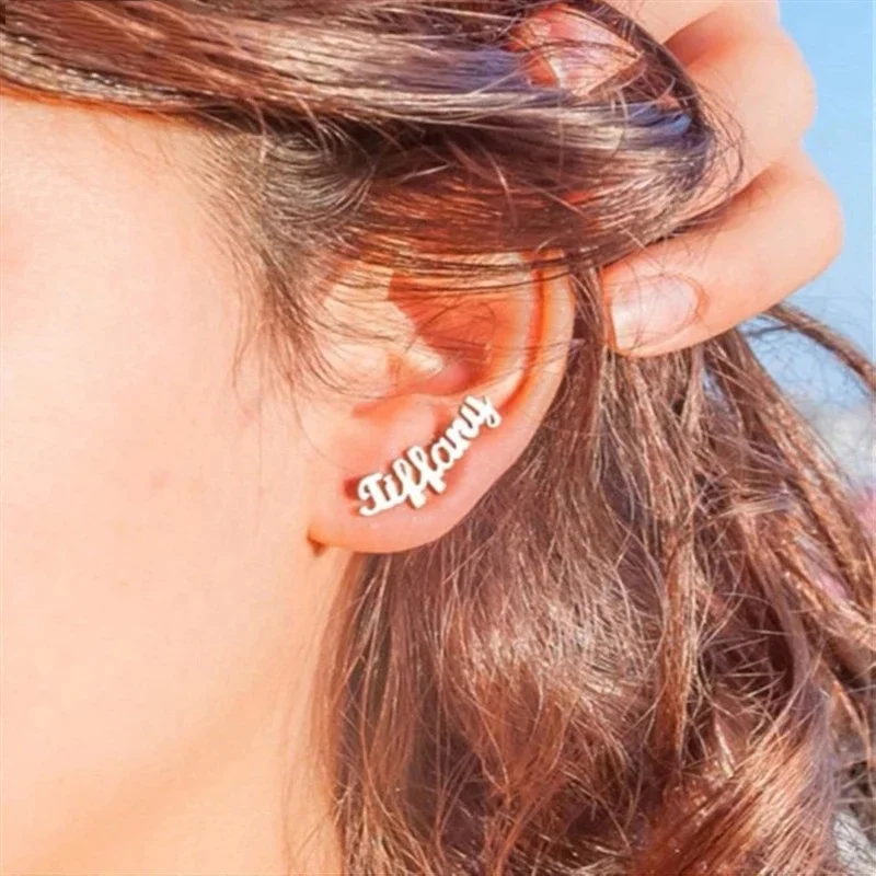 

Custom Name Earrings Stainless Steel Personalized Name Stud Earrings For Women, Silver/rose gold