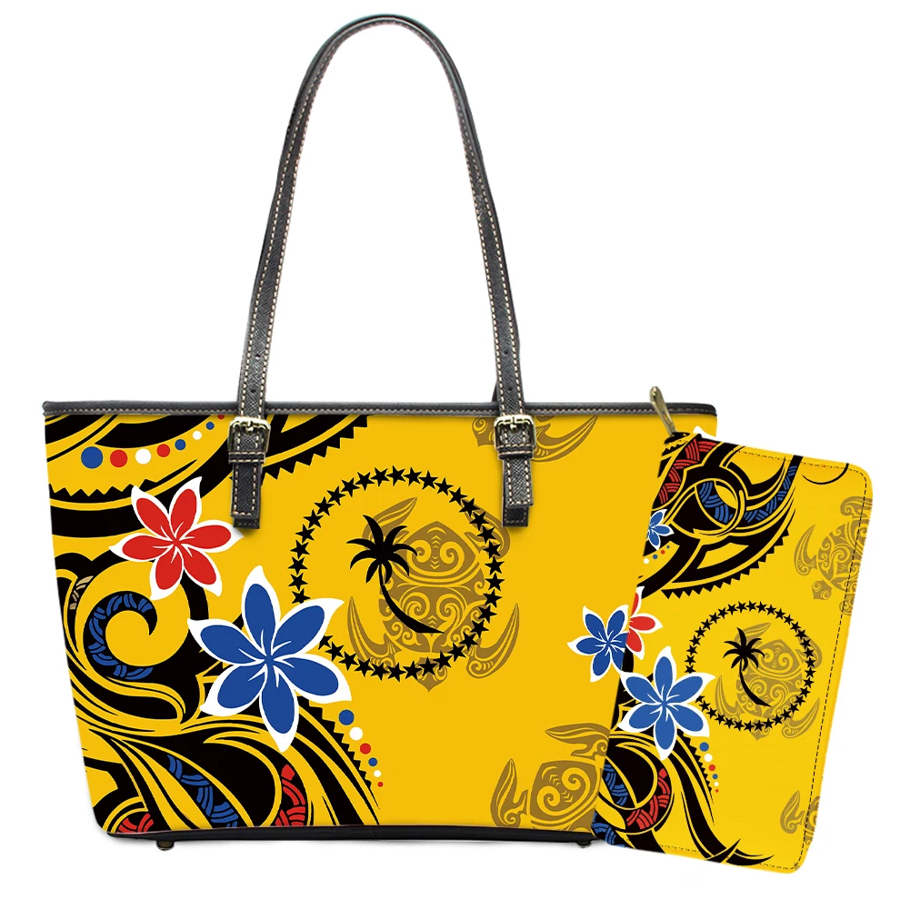 

Yellow Large Leather Tote For Women Luxury Polynesian Flower Chuuk Design Printed Handbags And Bags 2Pcs Big Capacity Purse Lady