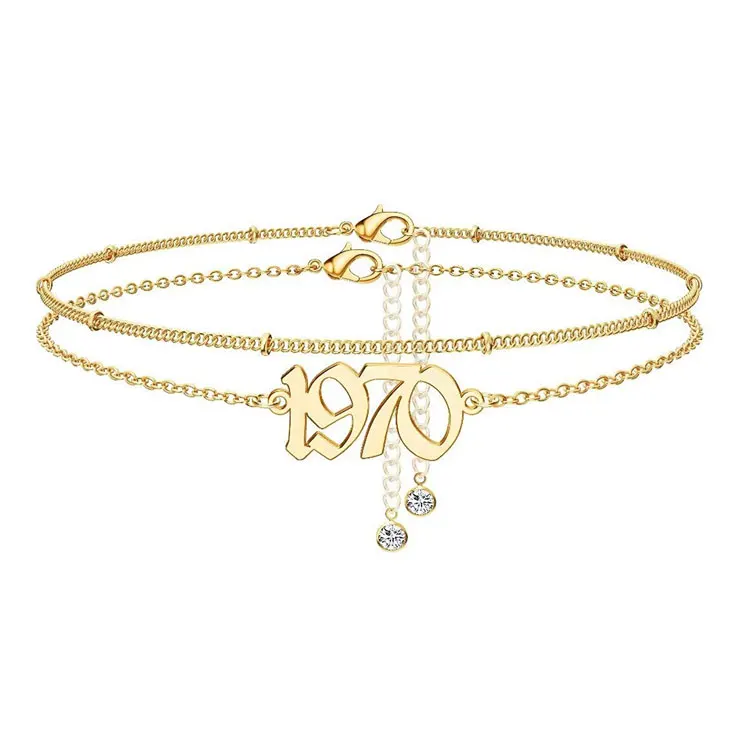 

Wholesale Birthday Gifts High Quality Dainty Gold Plated Anklet Braclet Women Layered Beaded 1970-2021 Number Birth Year Anklet, Gold anklet