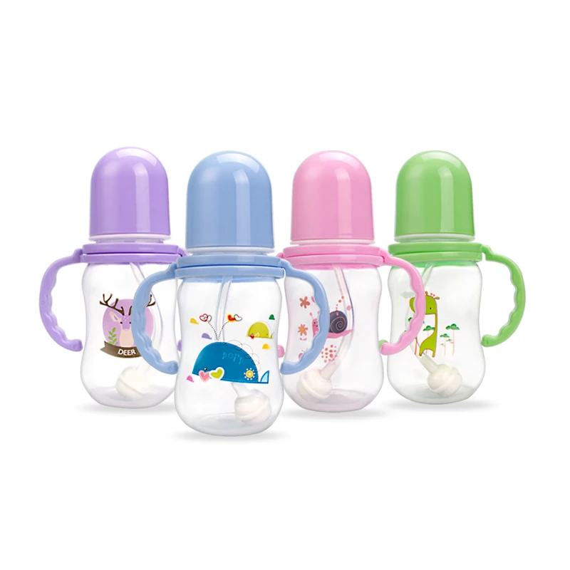 

High quality feeding bottle baby self feeding bottle plastic milk bottle, Pink blue green purple