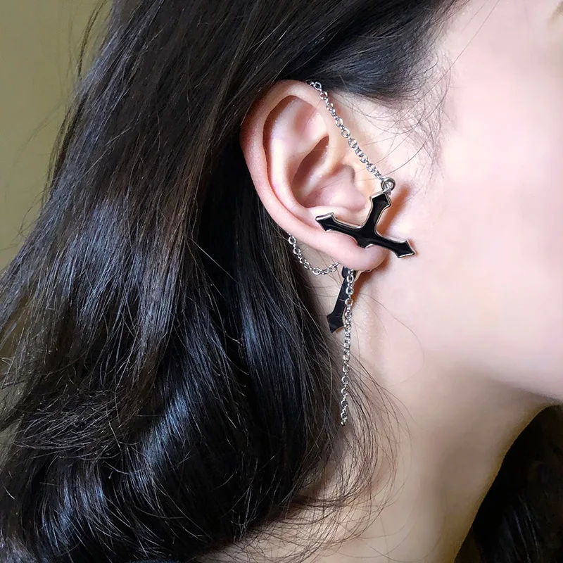 

European and American fashion personality stud earrings 7BEADS black exaggerated cross chain piercing earring accessories