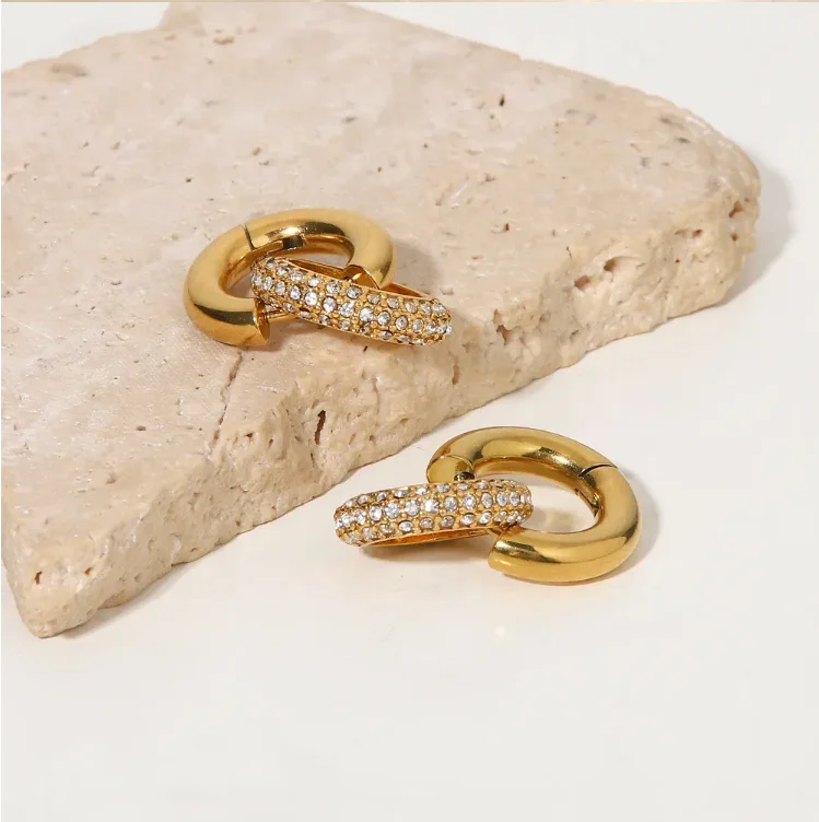 

Unique Removable Hoops Tarnish Free 18K Gold Plated Stainless Steel Earring Full Zircon Double Hoop Earrings Trendy