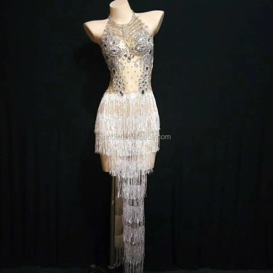 

Sexy Silver White Rhinestone Fringes Dress Women Singer Crystal Outfit Stage Wear Celebrate Bar Nightclub Dance Wear