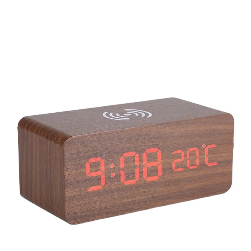 

LED Digital Desk Sound Control Wooden Alarm Clock With Wireless Charging, Brown and red