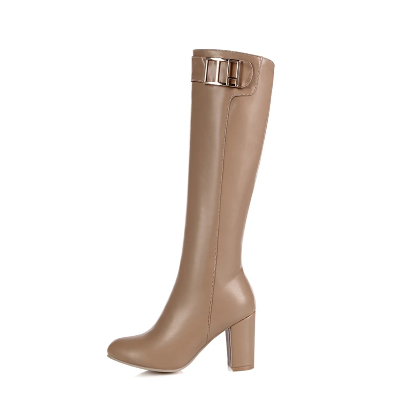 

Winter Round head solid color thick heels Side Zippers stylish ladies'knee boots
