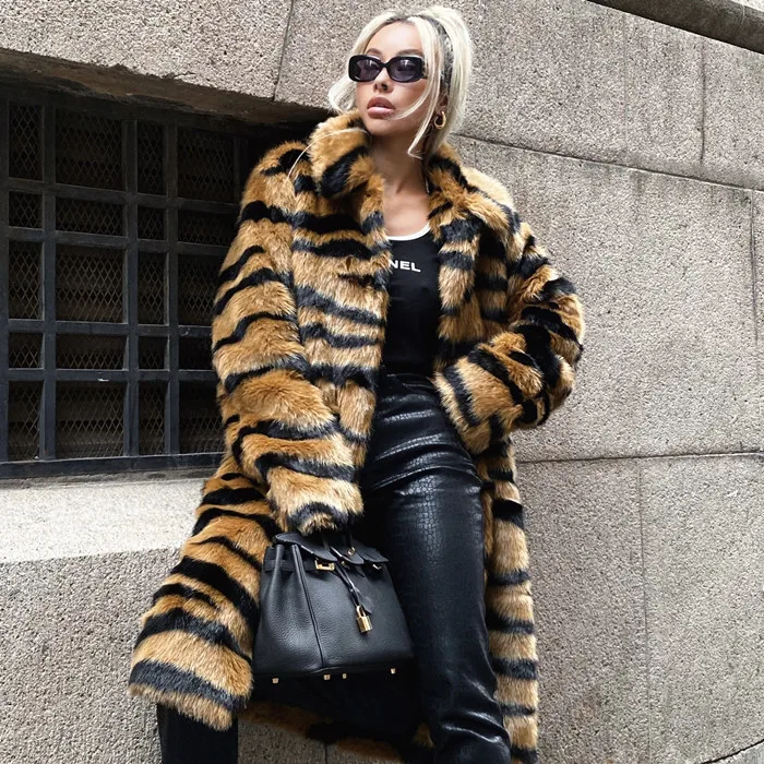 

XS-2XL fluffy fuzzy jacket tiger stripe vegan fake faux fur long coat women