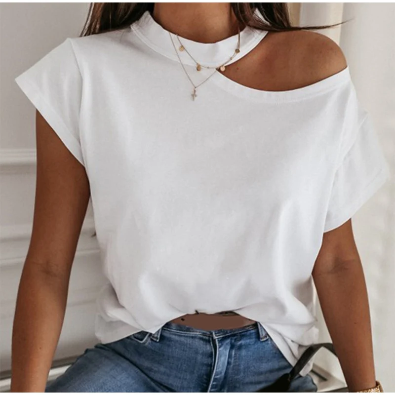 

Girls Tshirt Off Shoulder Short Sleeve White Solid Black Ladies Tshirts Halter 2020 Summer Fashion Casual T Shirts Tops Women