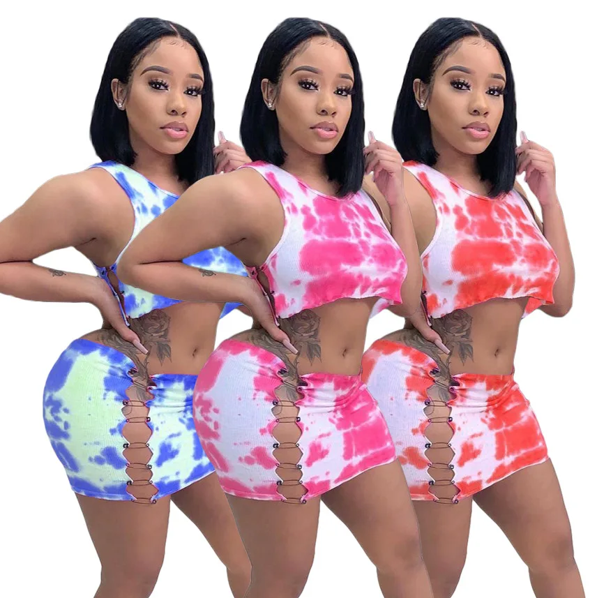 

Sexy Tie Dye Short Crop Top Skirts Women Matching Sets 2 Piece Skirt Set Women Outfit, As picture