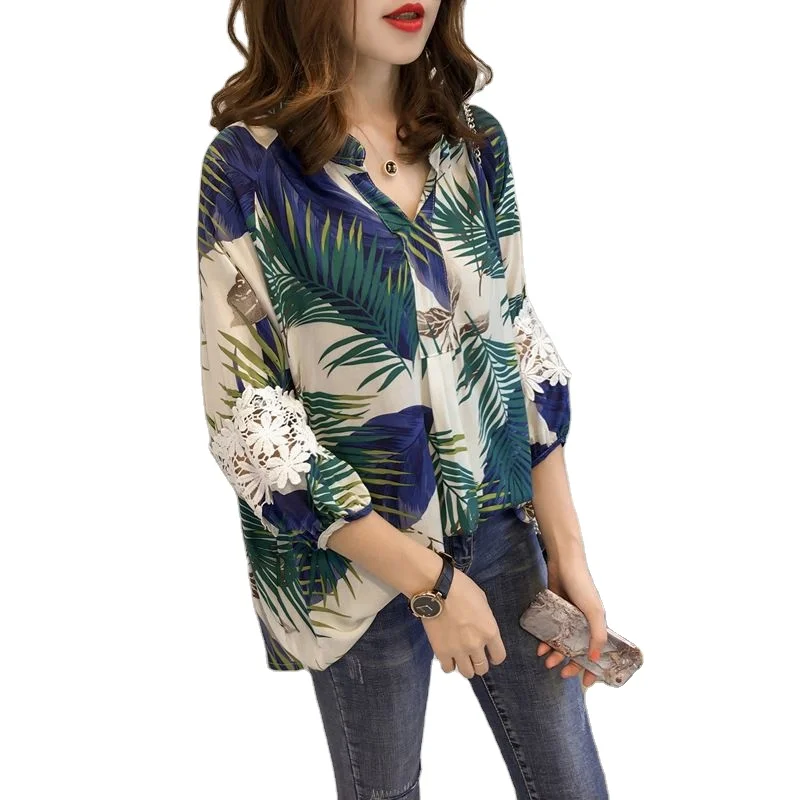 

2021 Korean Fashion Women Clothes Print Lace Blouses And Tops, Orange/blue