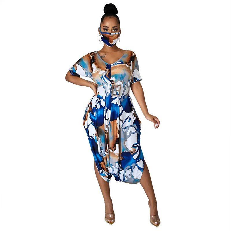 

Free Shipping 4XL Plus Size V Neck Printing Short Sleeve Ladies Dress with Mask Long Clothes Dreses Women Casual, Blue