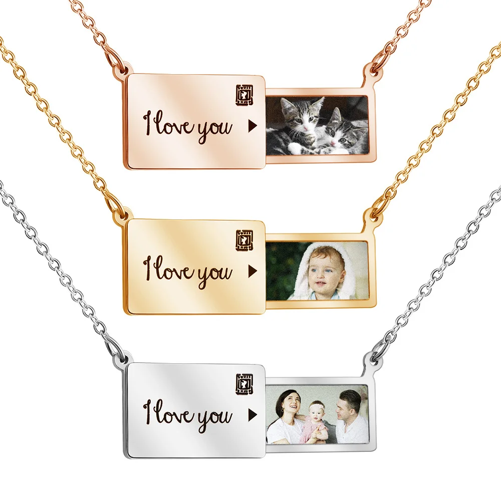 

Energinox Latest Creative style Stainless Steel Custom Letter Clavicle Chain Pull-out Photo Envelope Necklace
