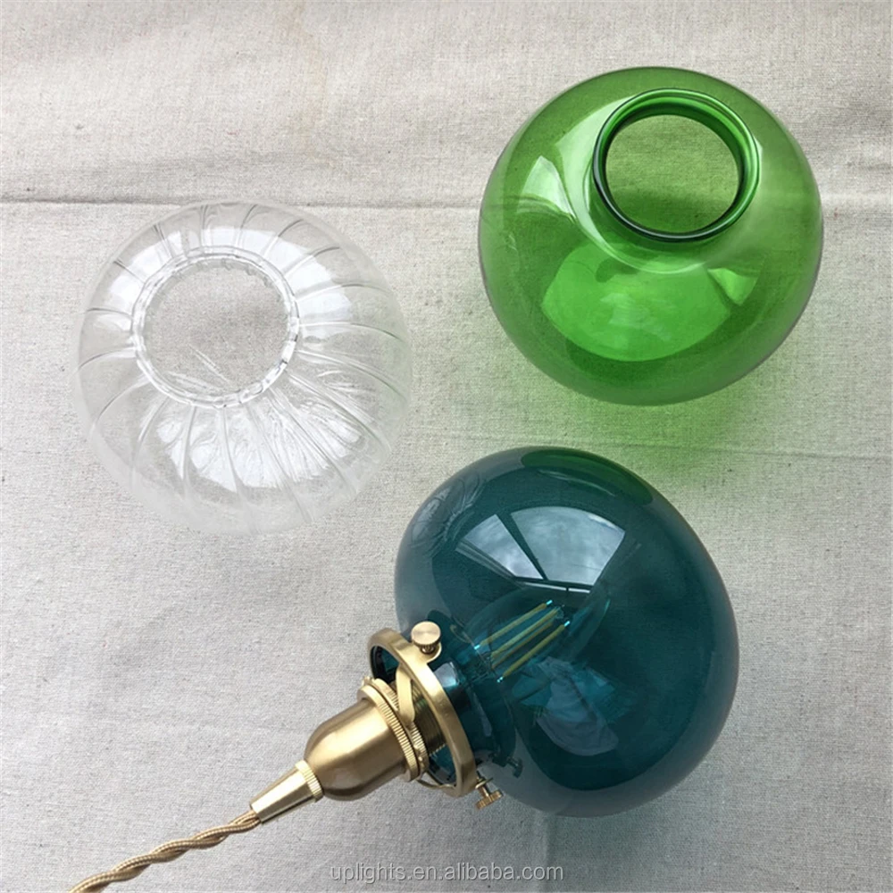 Creative Individual Bronze Round Clear Blue Green Hand Blown Glass Ball Lampshade Pendant Light