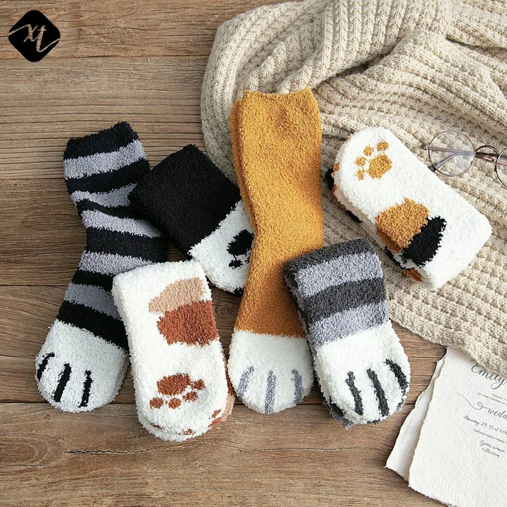 

Hot sell cute cat claws coral velvet fluffy fuzzy socks women winter warm floor slipper socks, Multi color