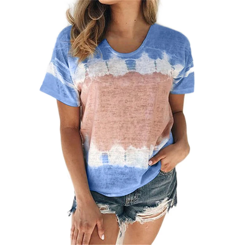 

High Quality 2021 New Design Fashion Loose Oversized Ladies Casual Short Sleeve Colorful Tie Die Women Printing T-Shirt, Blue,pink,red,purple,khaki,gray,sky blue,rose madder
