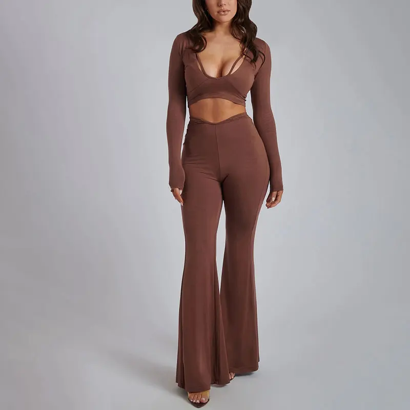 

brown lounge long sleeve blouse flared pants 2021 fall ladies pants set