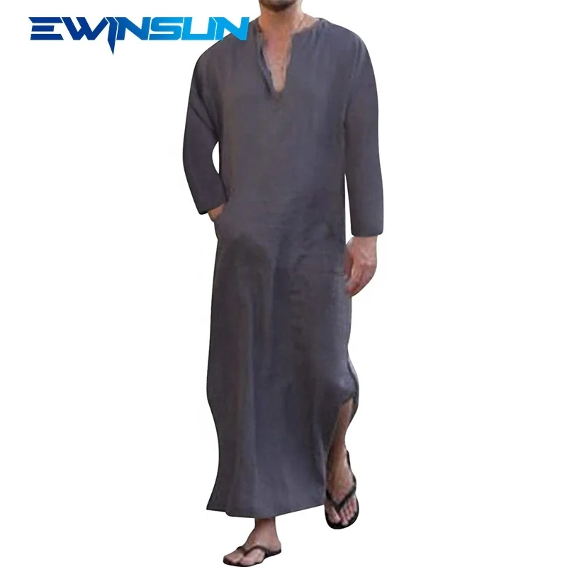 

wholesale men thobe long sleeves V neck gown Blank Casual vintage Toga Cotton and Linen Muslim thobe for drop shipping