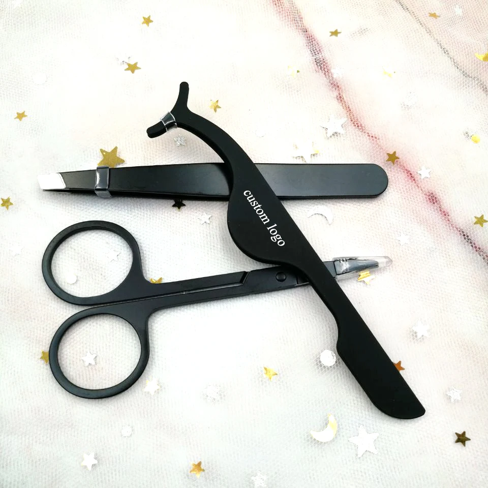 

wholesale private label Stainless Steel scissors and tweezers good quality makeup tool black scissor with your own logo