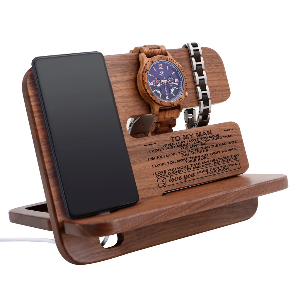 

Custom Engraved Cell Phone Stand Watch Holder Walnut Wooden Dock Organizer Wood Mobile Base Charging Docking Station Men Gift