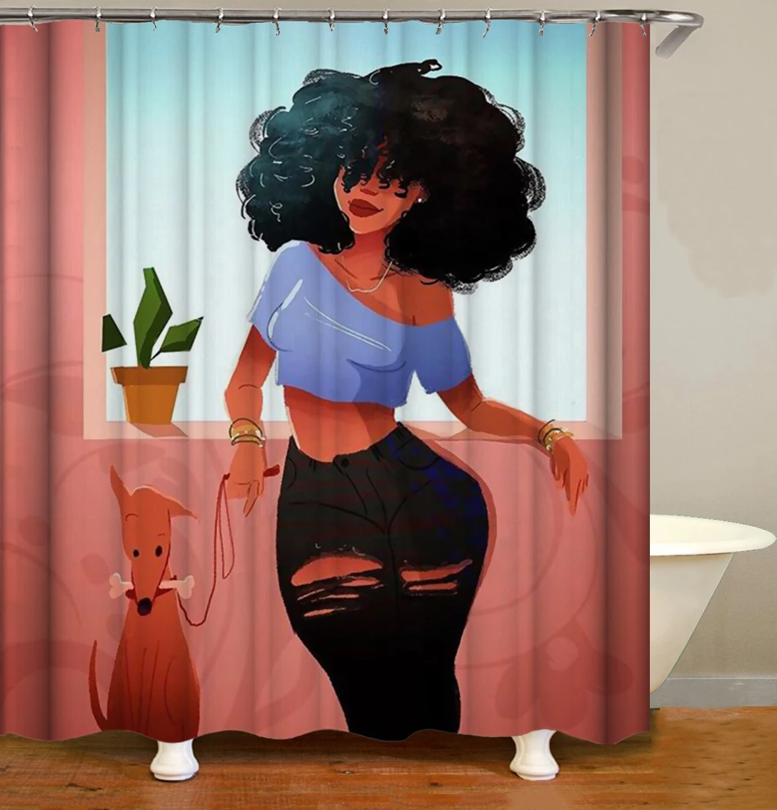 

Well Designed i@home eco friendly 3D digital bath african black girl print shower curtain waterproof, As picture show