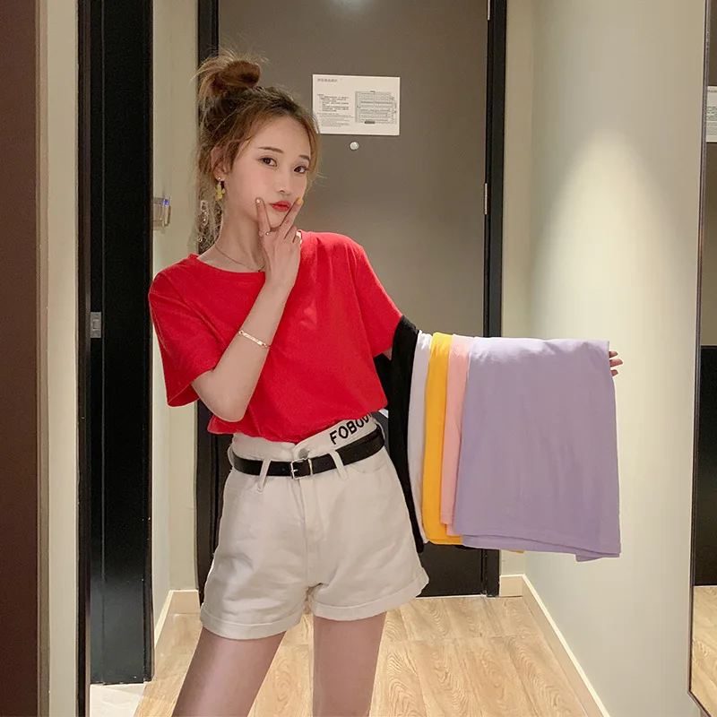 

2021 new Korean version of loose solid color ladies jacket crew neck short sleeve T-shirt women with cotton women's clothing