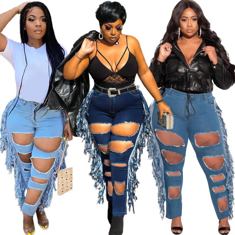 

5XL Oversized Washed Denim Pants Tassel Skinny Ripped Blue Jeans Plus Size Destroyed Stretch Mid Waist Denim Pants For Women, Picture shown