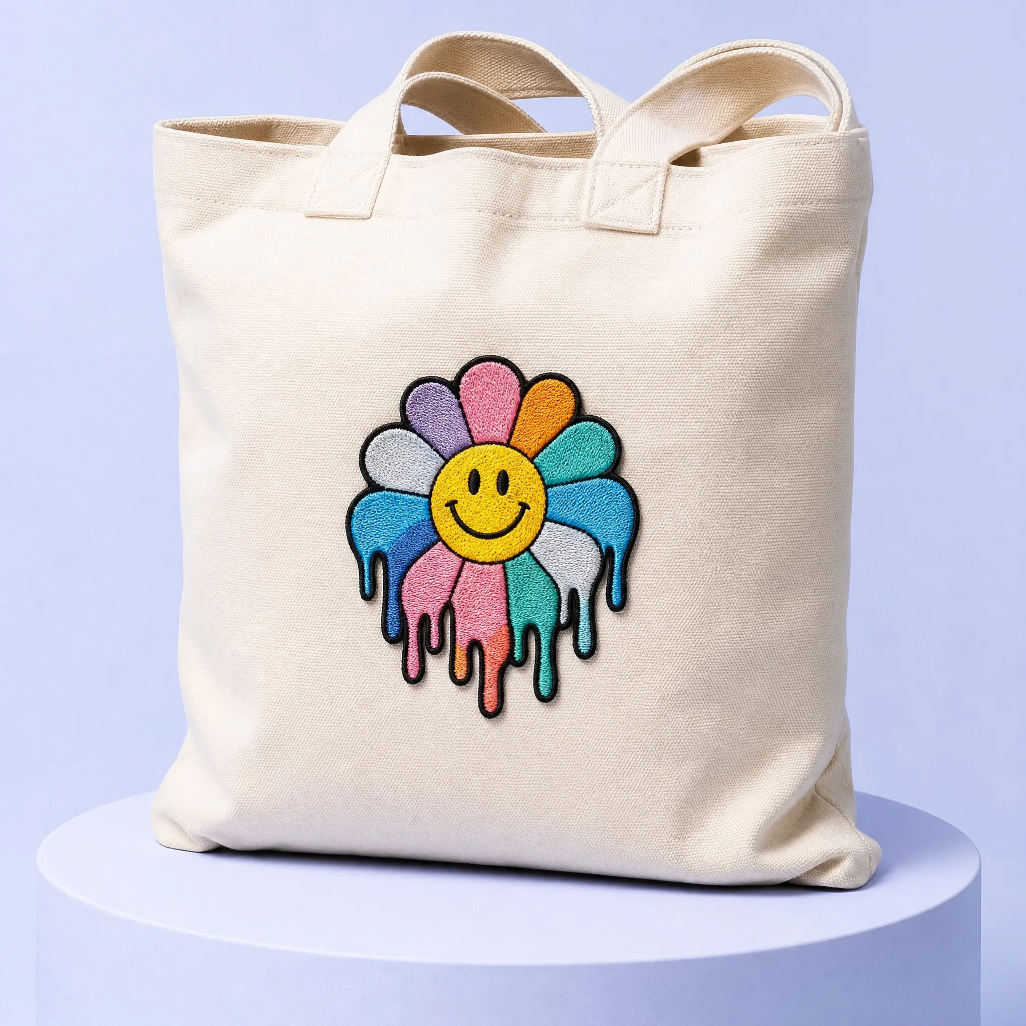 Natural Off-White Canvas Tote Bag with Center Melting Pastel Rainbow Smiley Sunflower Embroidered Patch