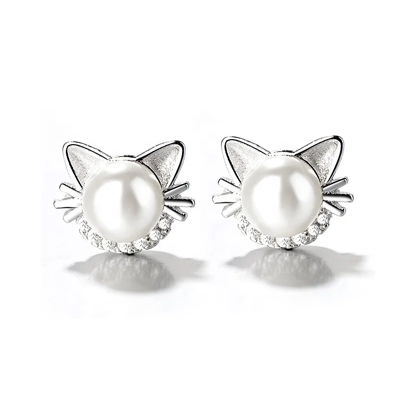 

Best selling cute pearl cat stud earrings European and American fashion silver jewelry earrings women earrings