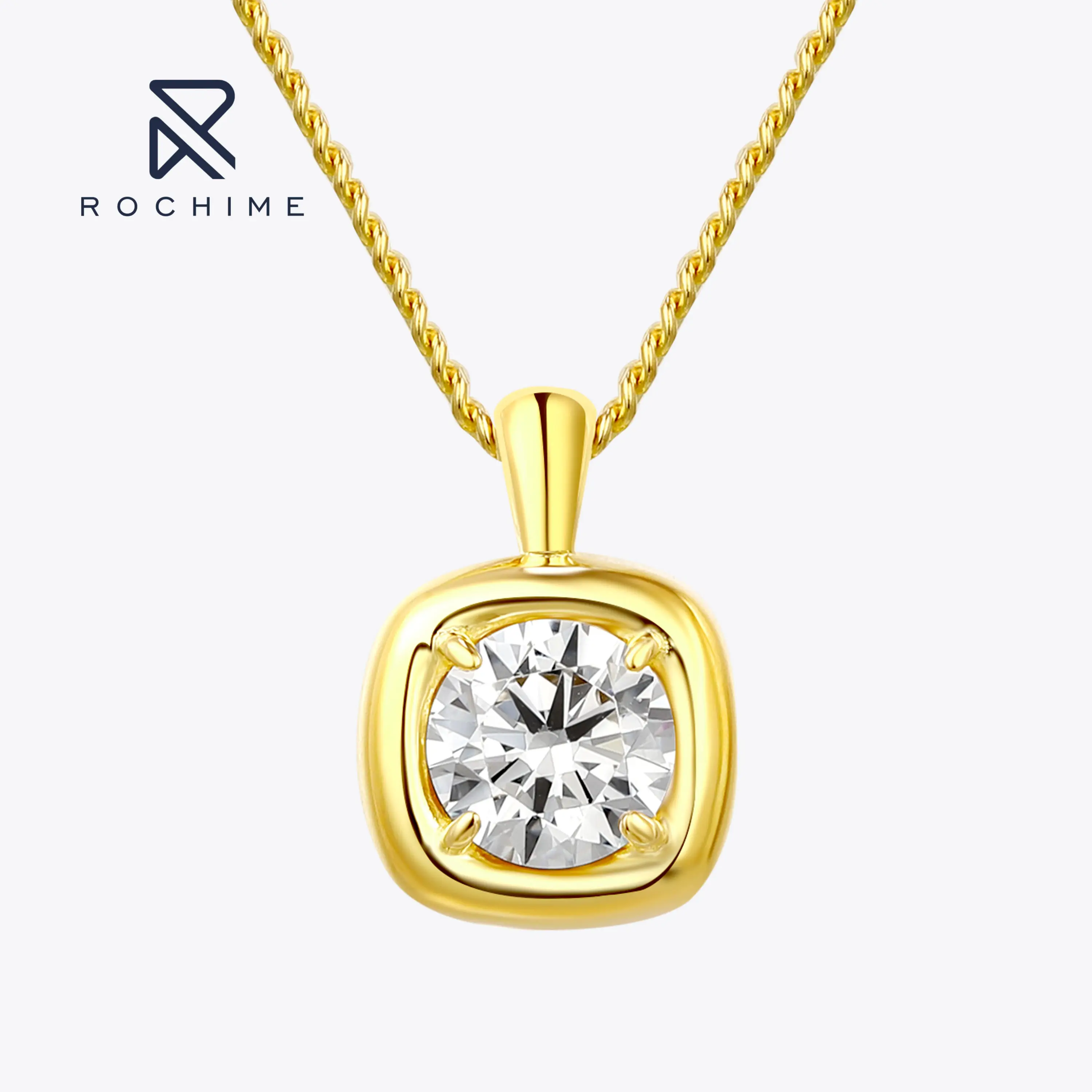 Rochime  Simple 18k Gold Plated Glossy Solitaire  Pendant Necklace  925 Sterling Silver Zircon Fine Jewelry  for Women