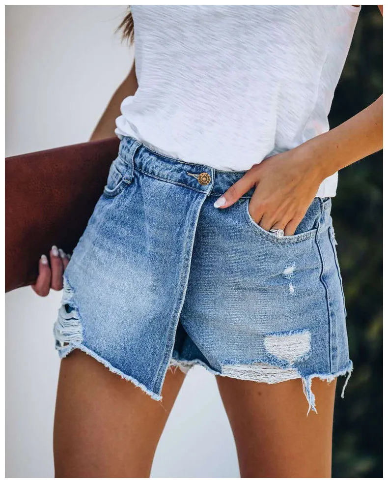 

F40455A 2021 European and American summer ripped jeans shorts casual temperament light blue jean shorts, As picture