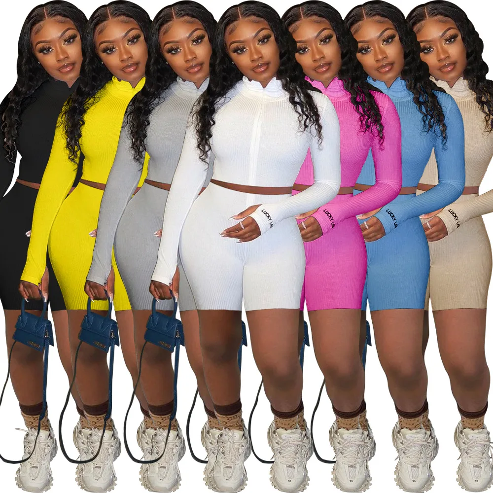 

XS Women Clothing 2021 Summer Long Sleeve Sport Slim Zipper Solid Short Pants Two Piece Jogger Set