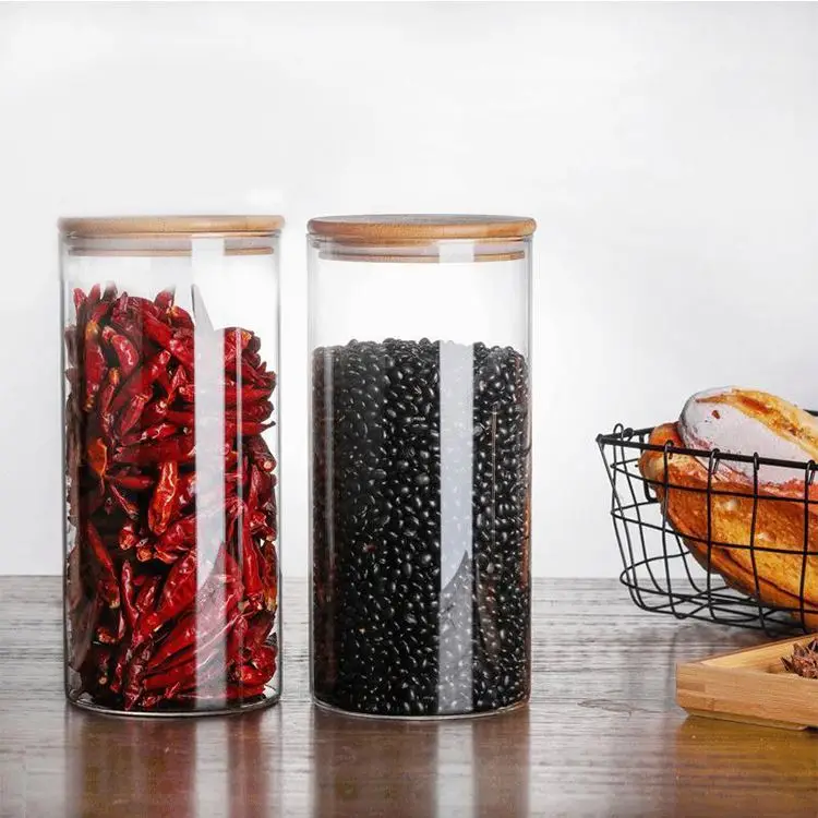 

Heat-Resistant Recycled Glass Jar Empty Clean And Fashion Glass Jar With Bamboo And Wood Frame, Clear