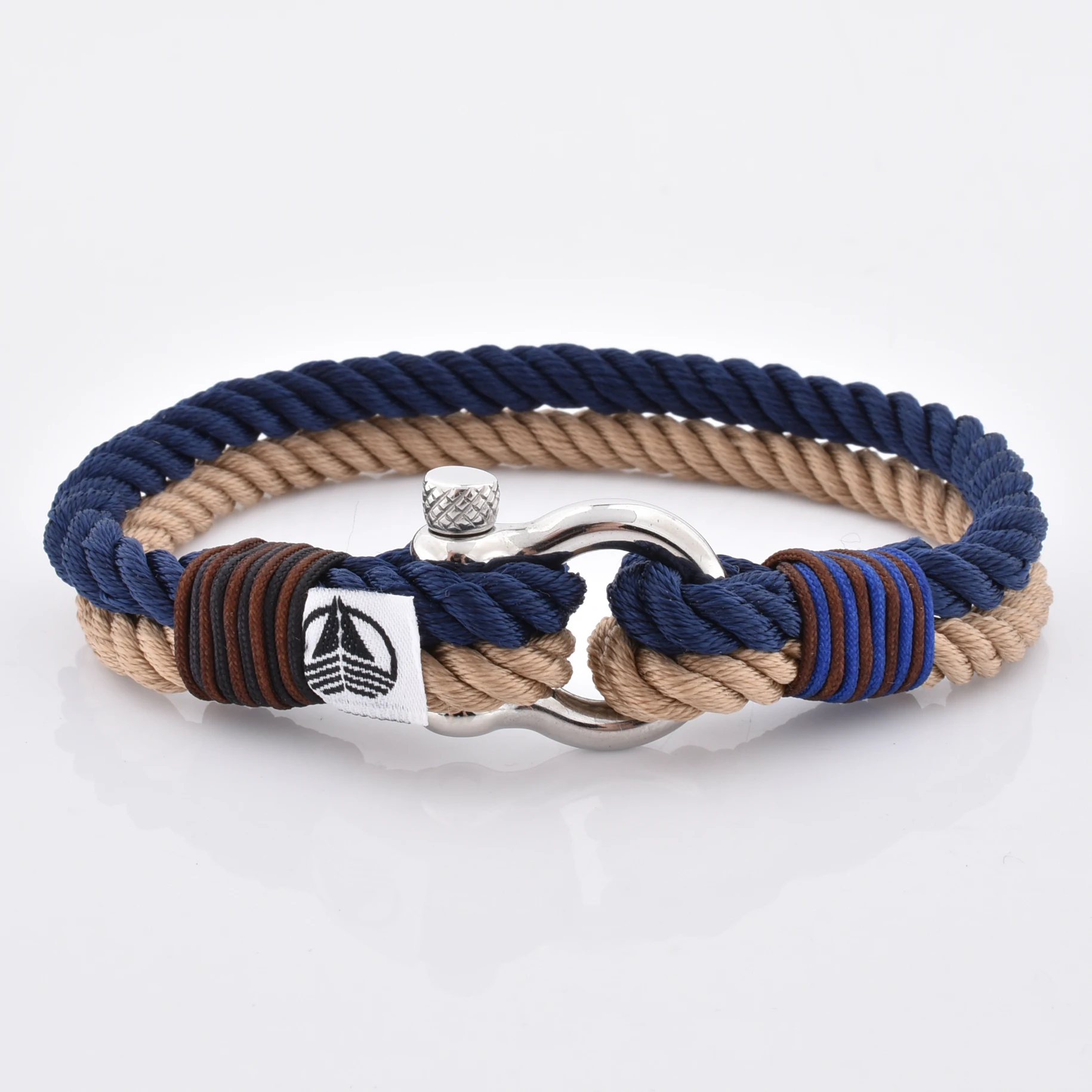 

Wholesale New Style Navy Blue And Beige Marine Sailor Rope Wrap Shackle Leather Bracelet