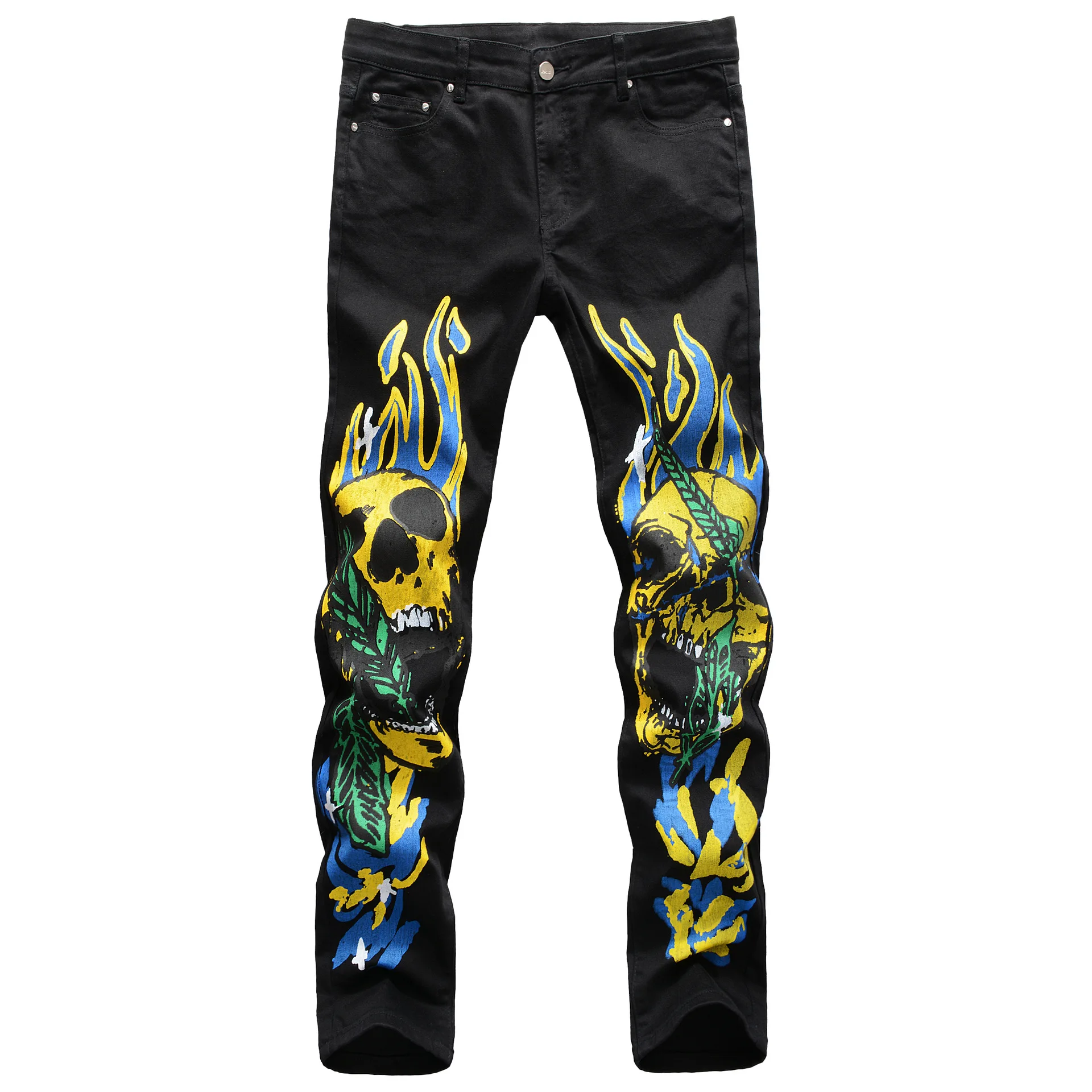 

Causal Stylish Print Skull Graffiti Flame Street Demin Long Pants Fashion Pantalon Mens Streetwear Jeans, Black,white