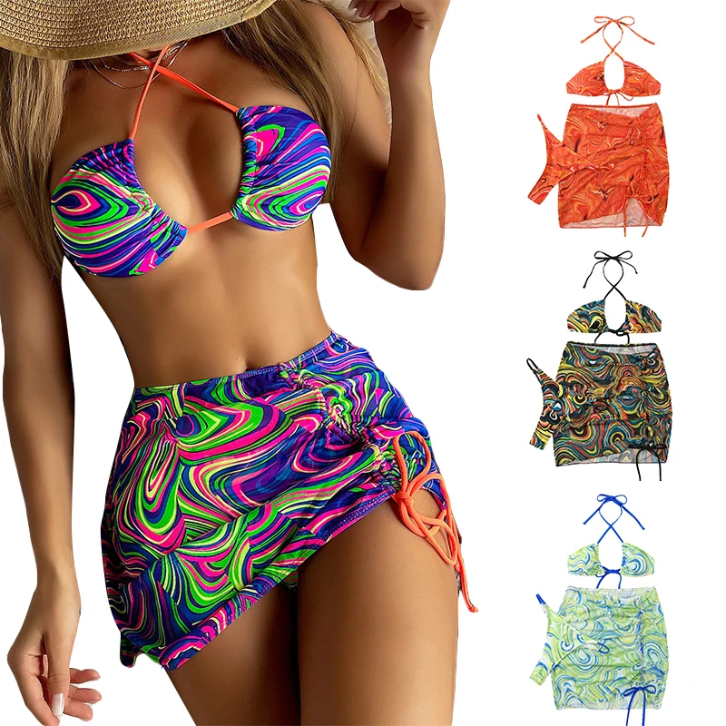 

New Arrivals 3 Piece Swimwear Set 2022 Women Sexy Bathing Suit Cover Up Beach Wear Swim Cover Up Skirt Mesh 3 Piece Swimwear