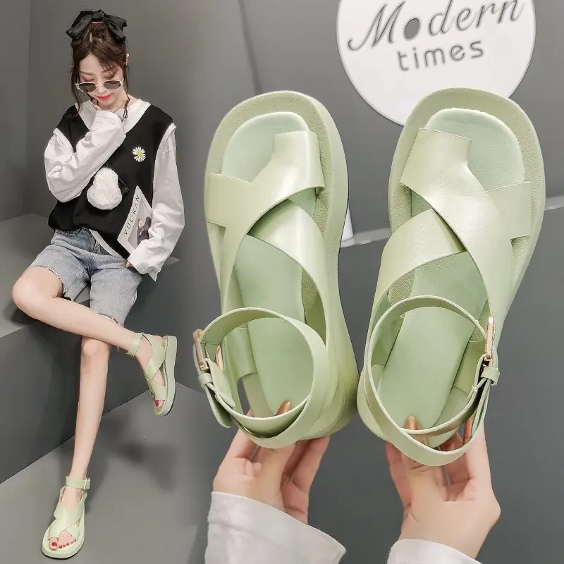 

2021 New Arrival Women's Summer Heightened Wedge Sandals Thick-soled Beach Outdoor One-line Buckle Roman Shoes