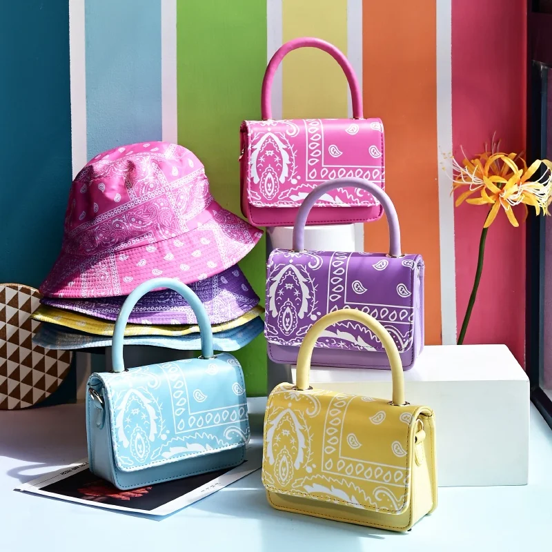 

new arrivals designer brand famous bling bucket hat and purse matching set ladies crossbody paisley bandana hand bags, 8 colors