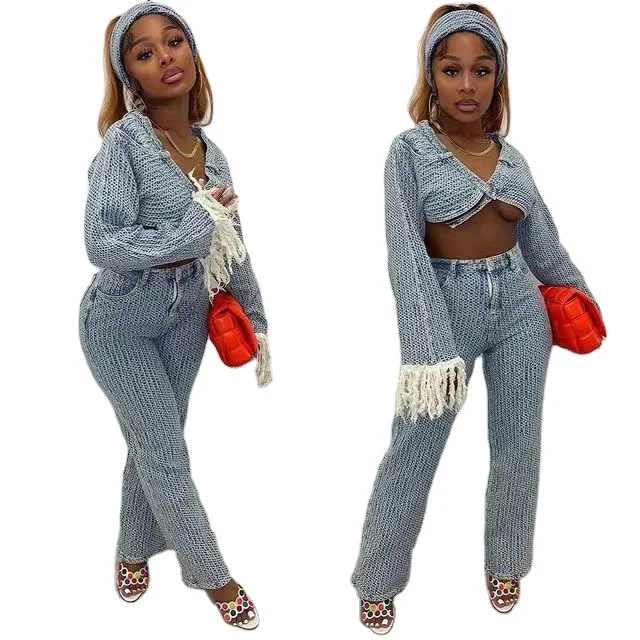 

Casual Crop Tops Denim Sets Women Tracksuits Pure Cotton Two Piece Pant Trousers Sets Plus size jumpsuit playsuits