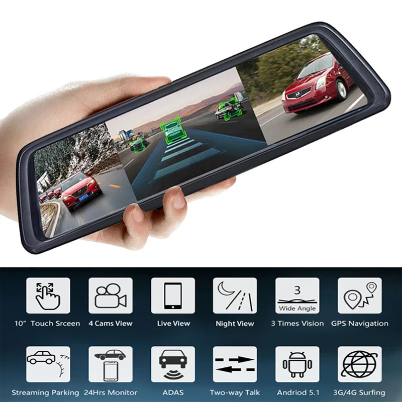 ShiZhen 360°Panoramic 10 Full Screen 4G Touch IPS Special Car Dash Cam Rear View Reversing Mirror with GPS Navi Bluetooth WiFi Remote Monitoring Android 5.1 FHD 1080P 4CH Cameras Lens 