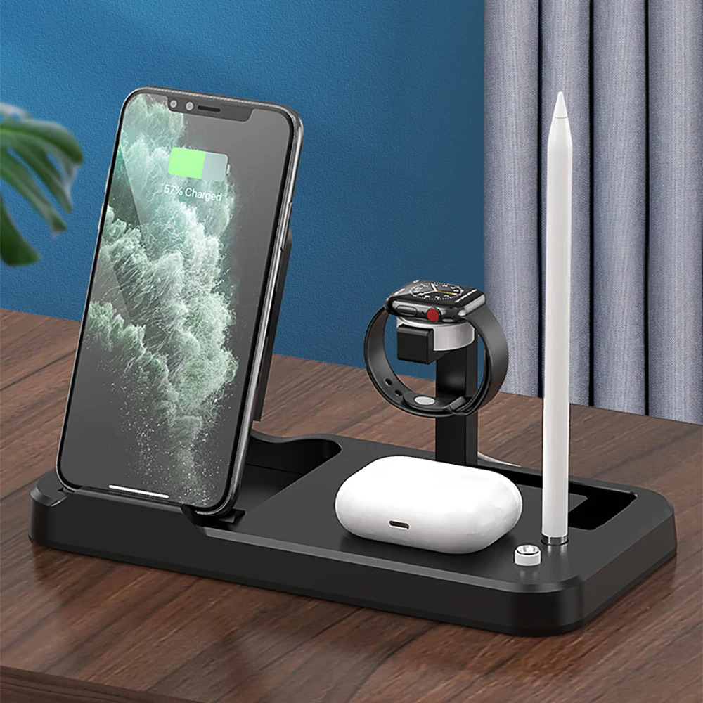 

Foldable Portable New arrival 4 In 1 Wireless charger for Mobile Phone Smart Watch Desktop usb phone Charging station, Black