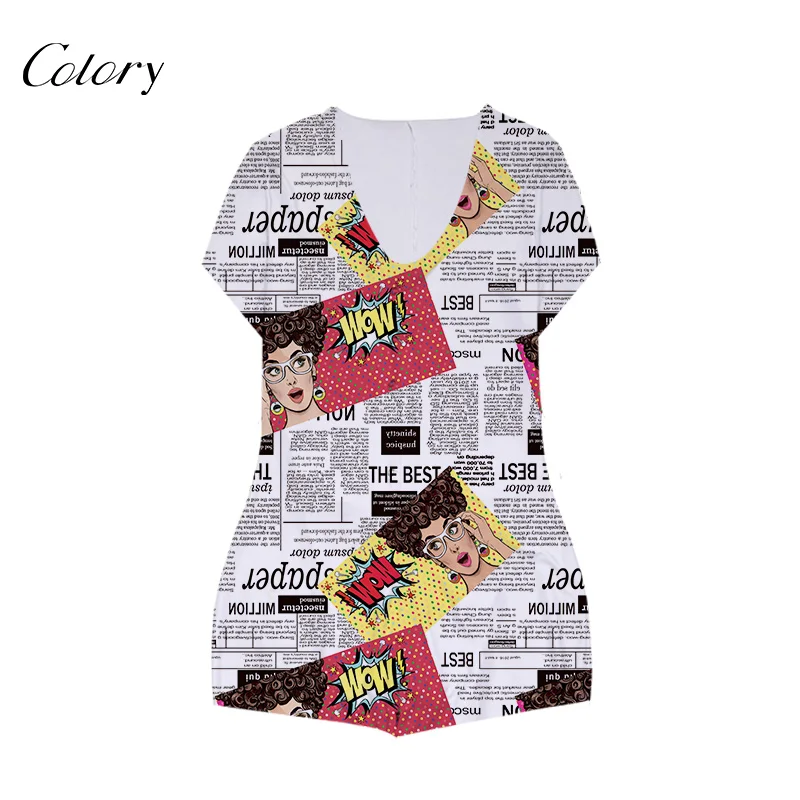 

Colory Long V-neck Rompers Digital Printing Short Sleeve Romper, Picture shows