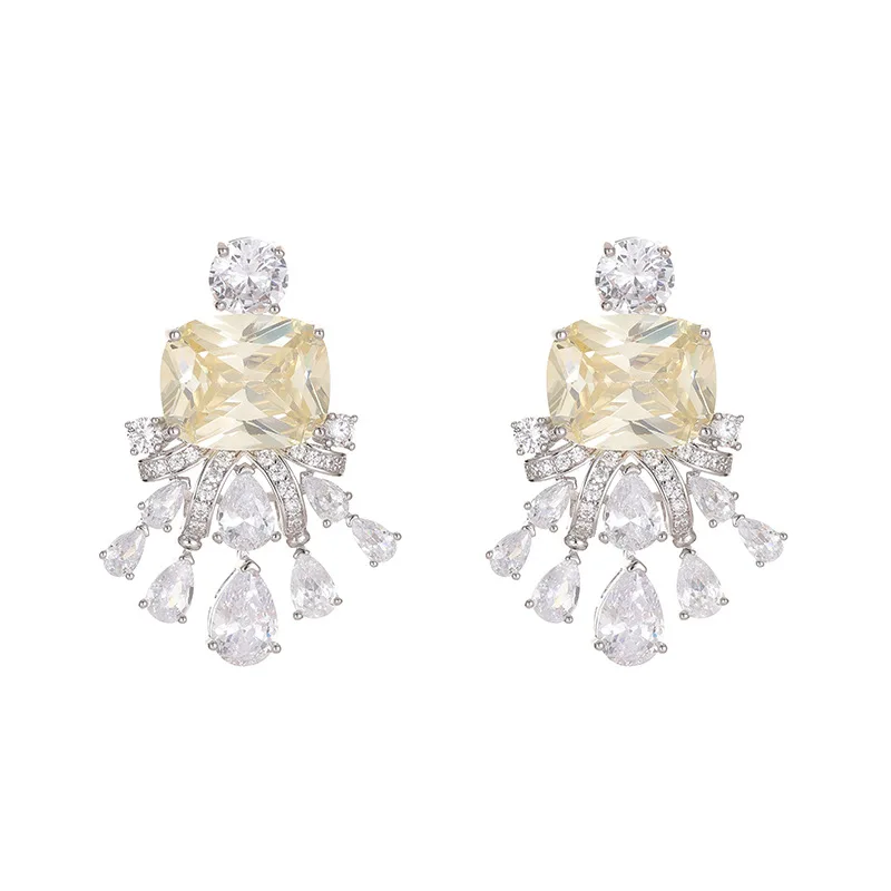 

JS new yellow diamond earrings gold-plated zircon fashion luxury temperament square diamond earrings for women