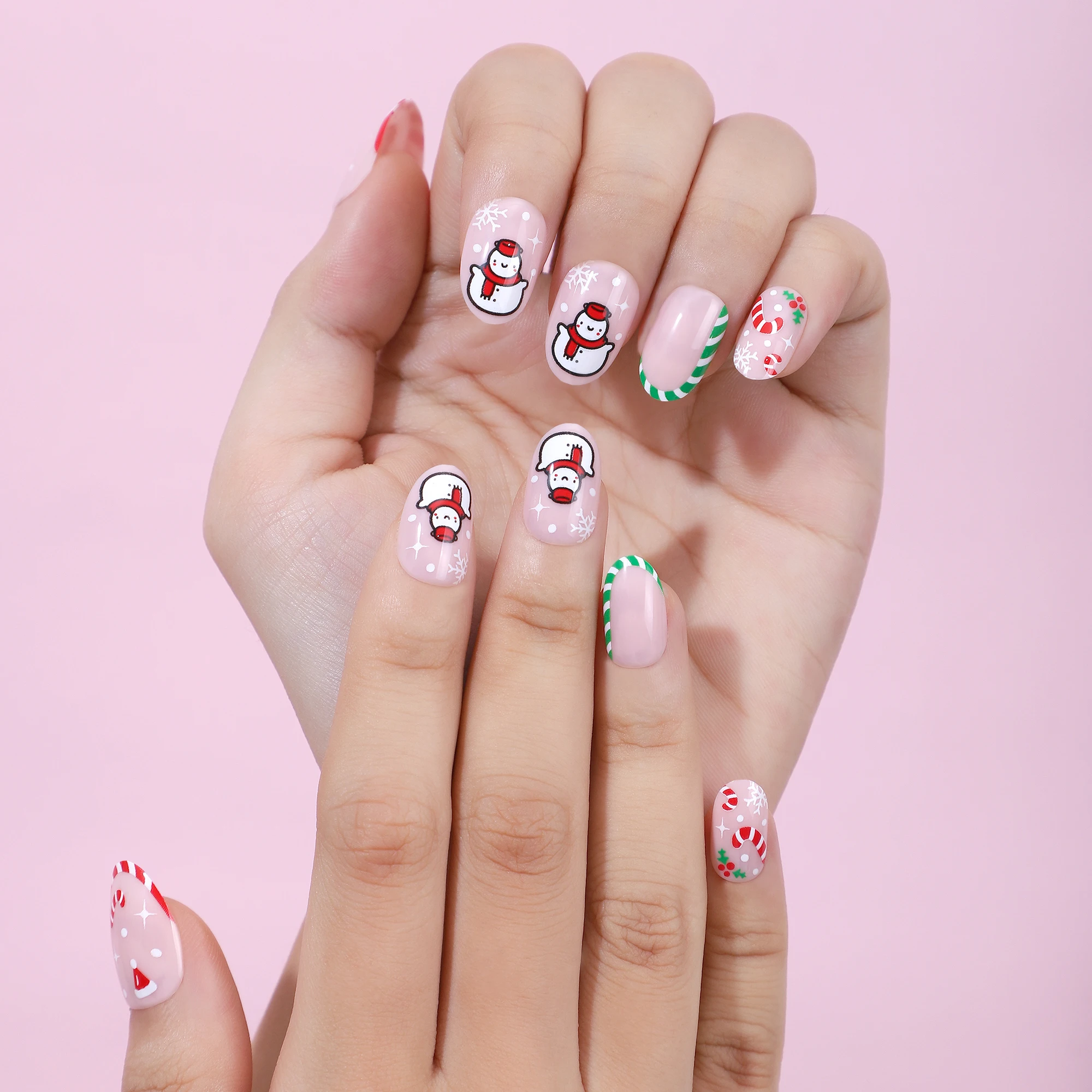 

Christmas Snowman Short Almond Full Cover Fake Nails Wholesale Price Handmade Acrylic False Nails 24Pcs Press On Nails