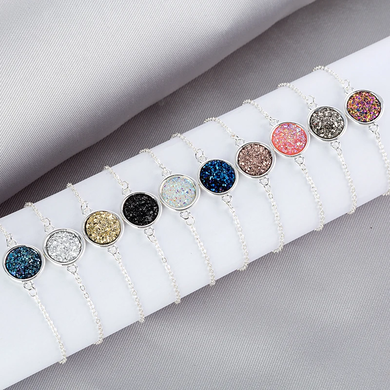 

Personality Round 10 Color Adjustable Drusy Quartz Bracelet Simple Silver-Plated Jewelry Ladies Brand Gift, 6 color