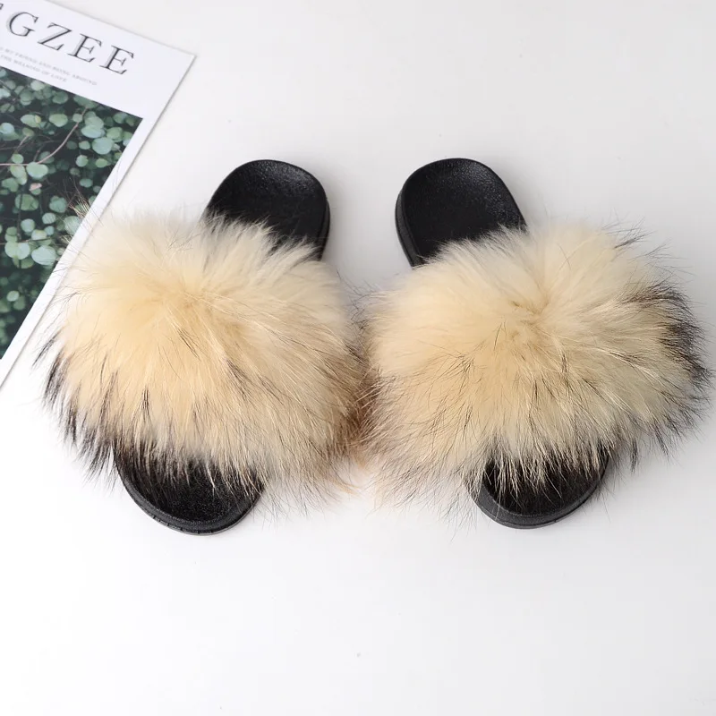 

Jtfur Wholesale Fluffy Fur Sliders Soft Woman Slippers PVC Real Raccoon Fur Slippers, Customized color