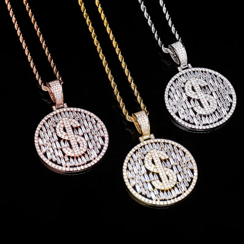 
Hip Hop Jewelry Full Iced Out Dollar Symbol Pendant AAA Cubic Zirconia Setting Round Dollar Pendant Necklace 